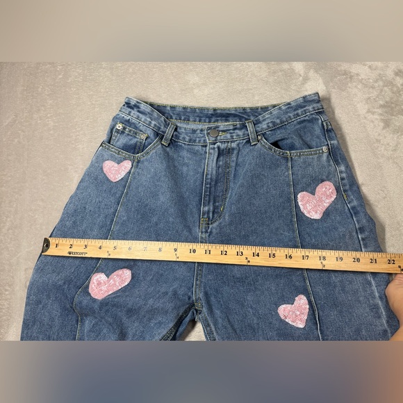 Cider Novelty Sequin Heart Patch Wide Leg High Rise Denim Blue Jeans Size Large - Picture 7 of 15